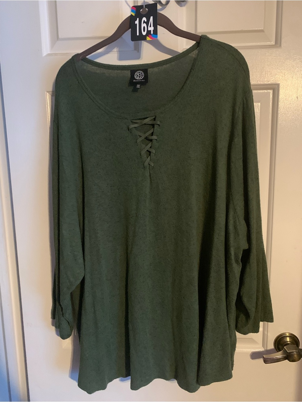 bobeau Olive Lace-Up Scoop-Neck Long Sleeve Top
